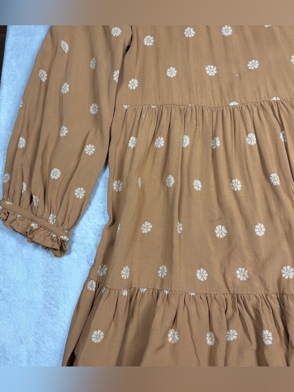 Madewell Bloom Dot Warm Hickory Cream Tan Tiered Ruffle Tie Neck Mini Dress M - Picture 5 of 17